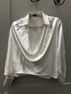 SHEIN White Satin Draped Cowl Collar Blouse